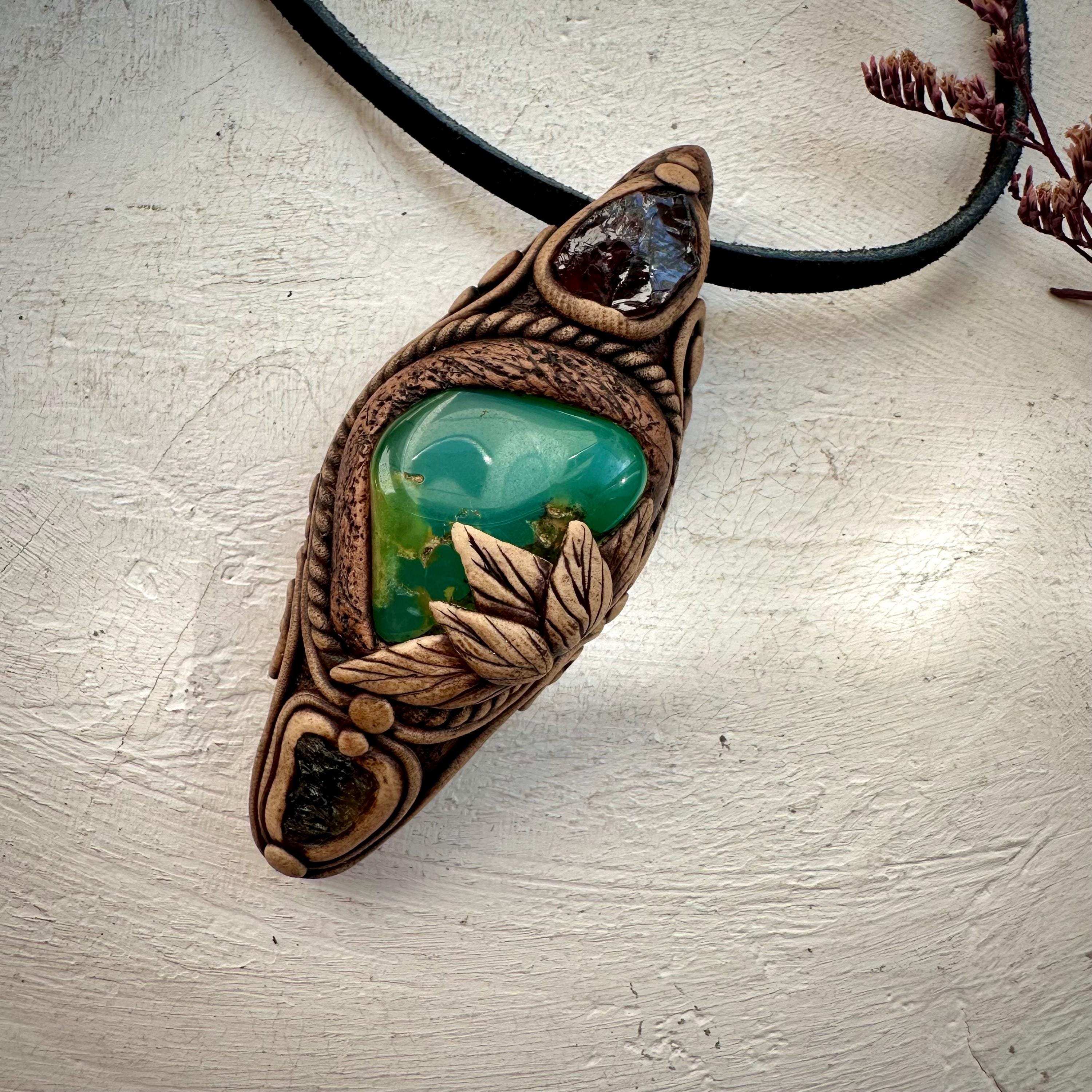 Chrysoprase Red Garnet and Moldavite Pendant - FairyGardenGlow