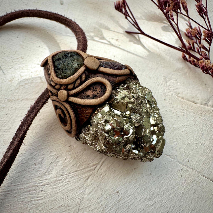 Pyrite Moldavite and Rhodolite Garnet Necklace - FairyGardenGlow