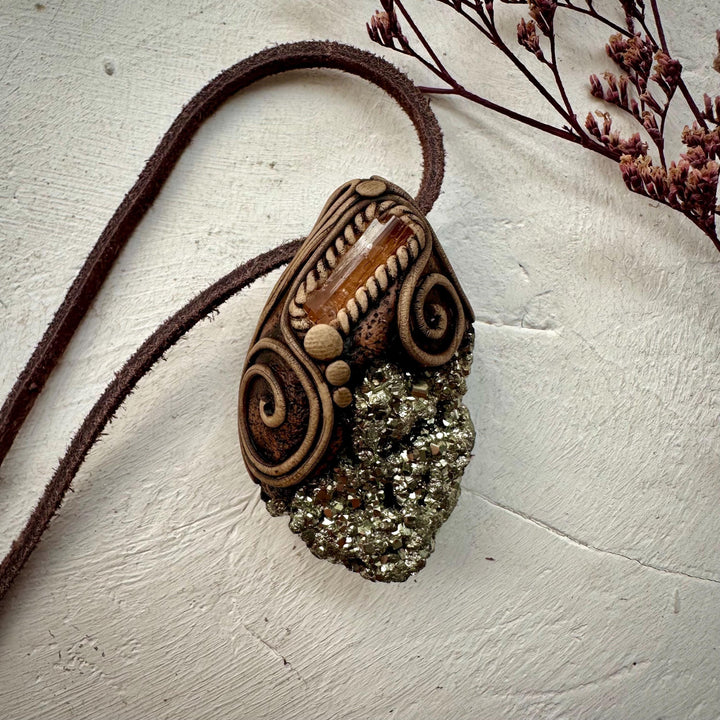 Pyrite and Imperial Topaz Pendant Necklace - FairyGardenGlow