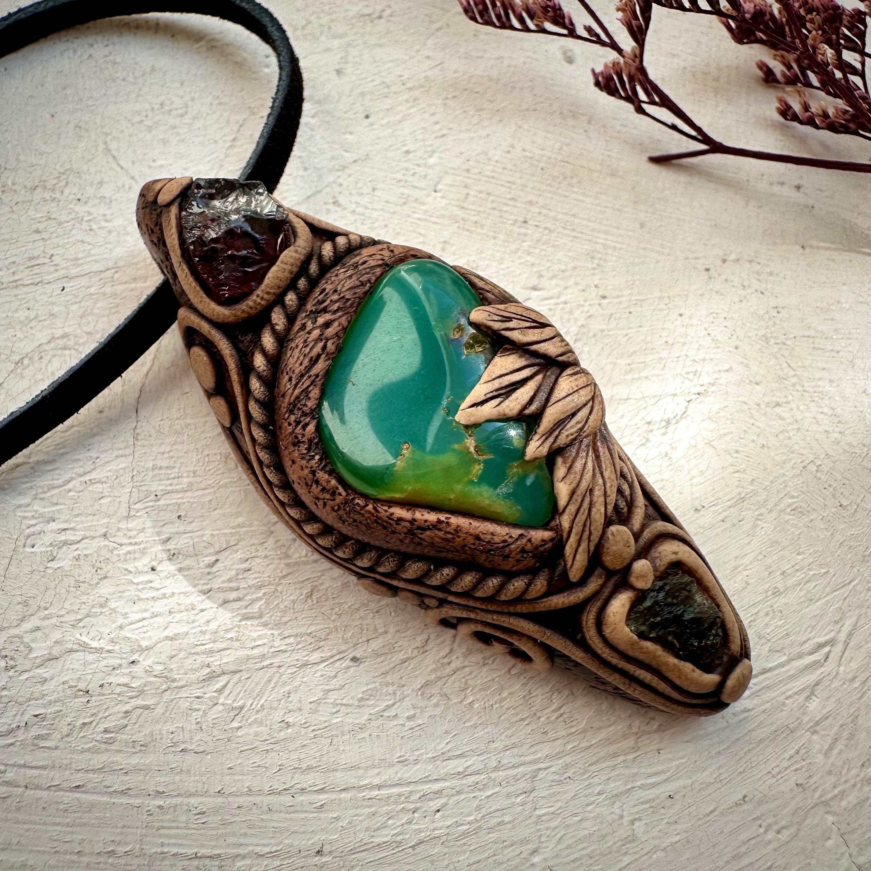 Chrysoprase Red Garnet and Moldavite Pendant - FairyGardenGlow