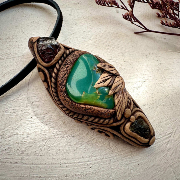 Chrysoprase Red Garnet and Moldavite Pendant - FairyGardenGlow