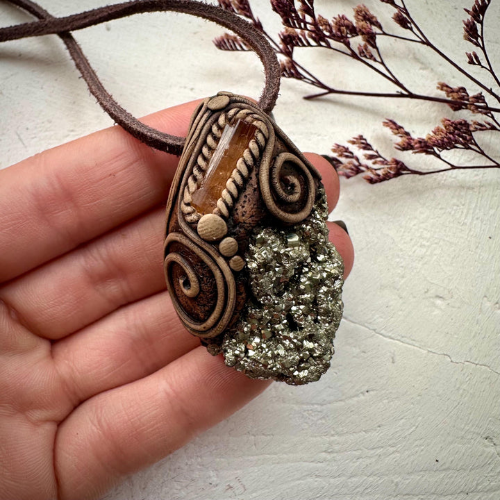 Pyrite and Imperial Topaz Pendant Necklace - FairyGardenGlow