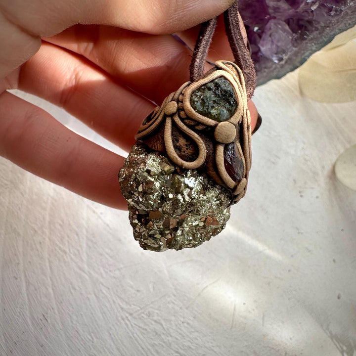 Pyrite Moldavite and Rhodolite Garnet Necklace - FairyGardenGlow