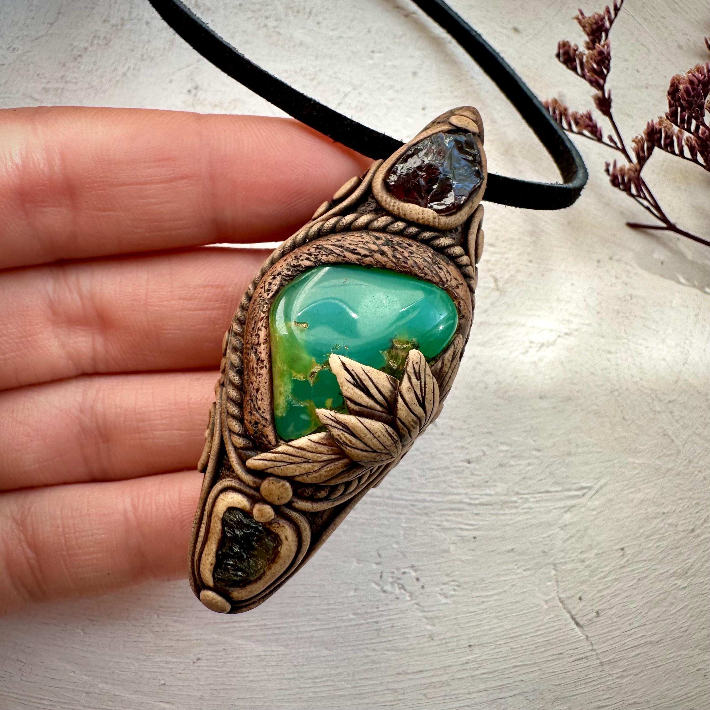 Chrysoprase Red Garnet and Moldavite Pendant - FairyGardenGlow