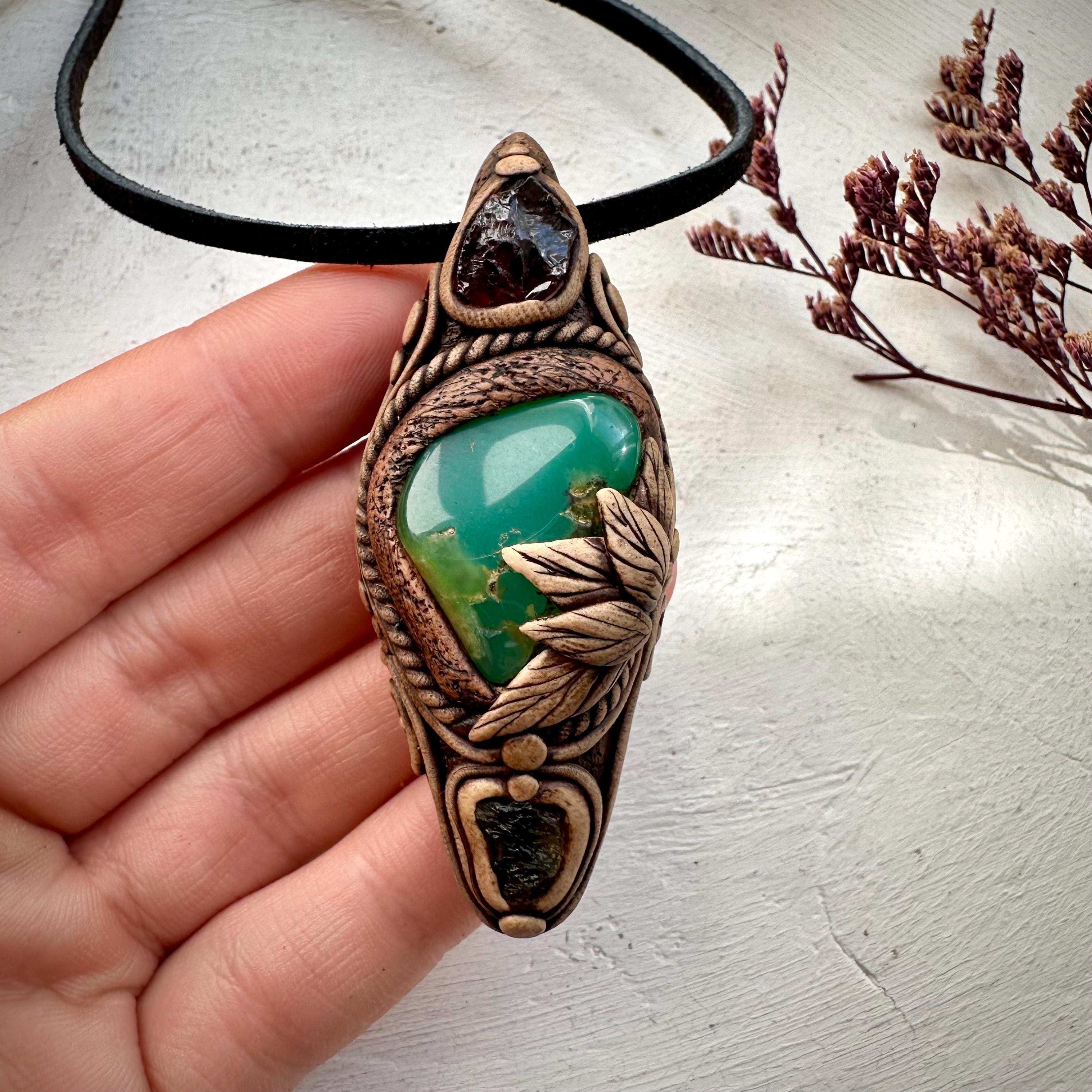 Chrysoprase Red Garnet and Moldavite Pendant - FairyGardenGlow