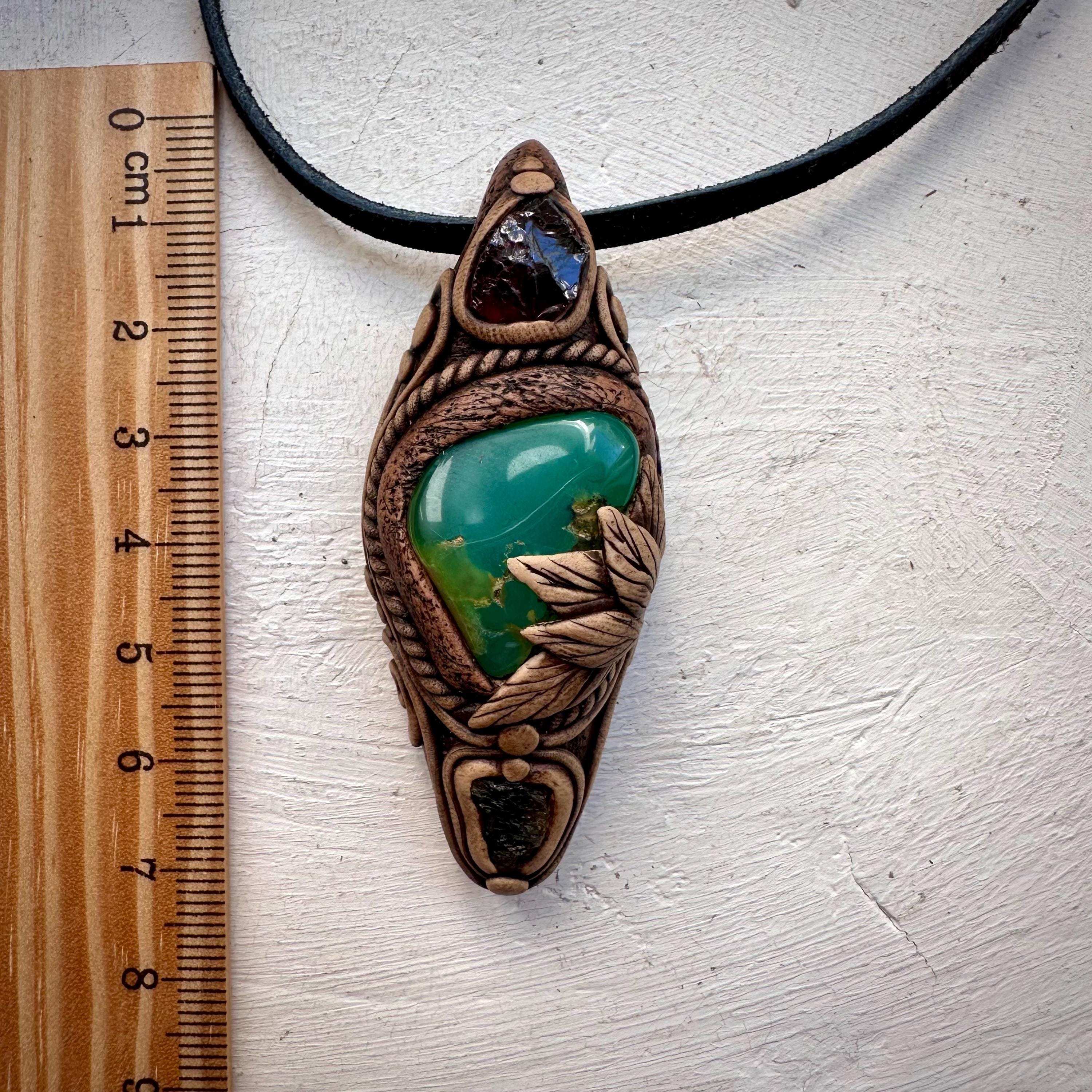 Chrysoprase Red Garnet and Moldavite Pendant - FairyGardenGlow