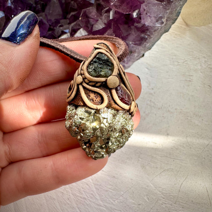 Pyrite Moldavite and Rhodolite Garnet Necklace - FairyGardenGlow