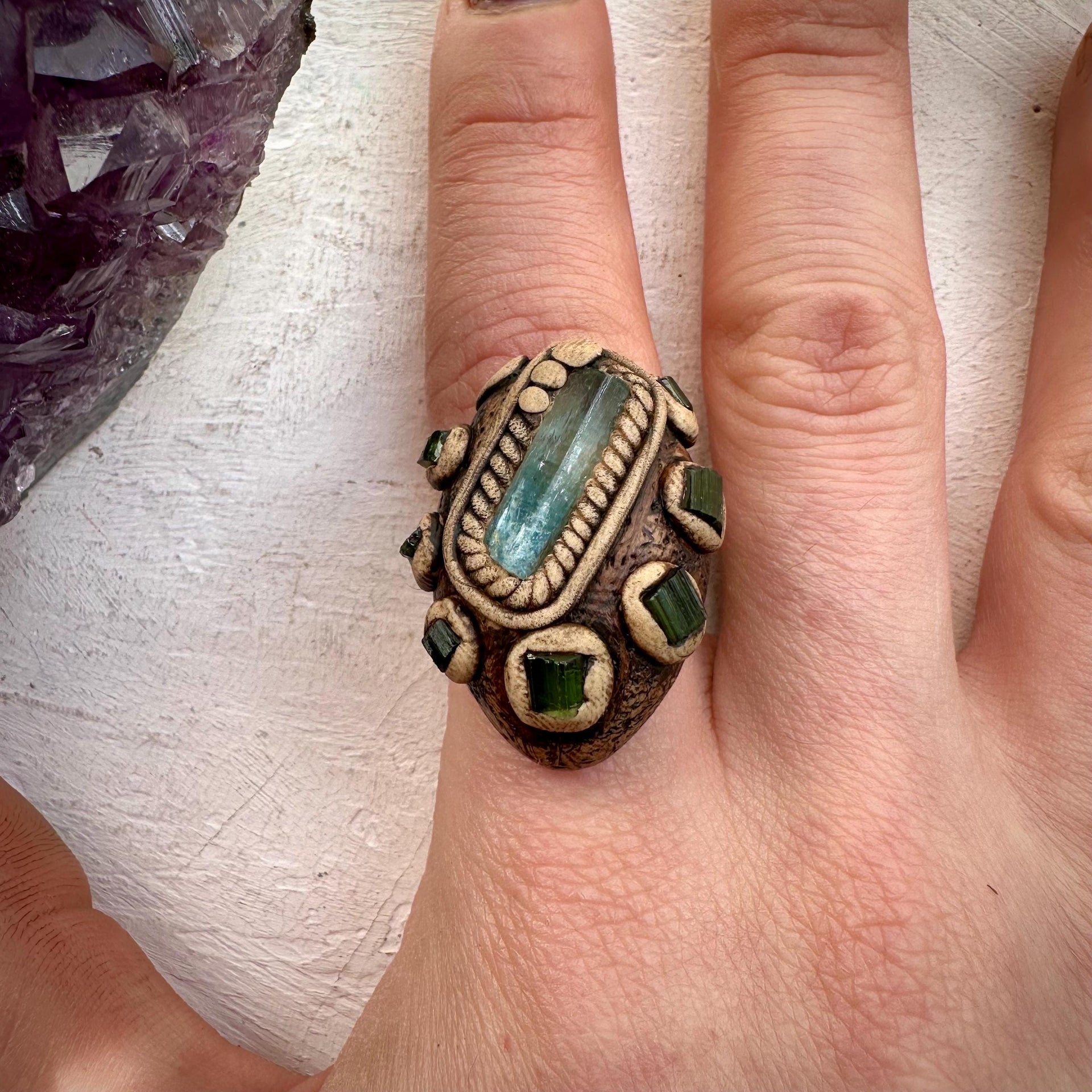 Aquamarine and Green Tourmaline Ring - FairyGardenGlow