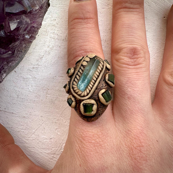 Aquamarine and Green Tourmaline Ring - FairyGardenGlow