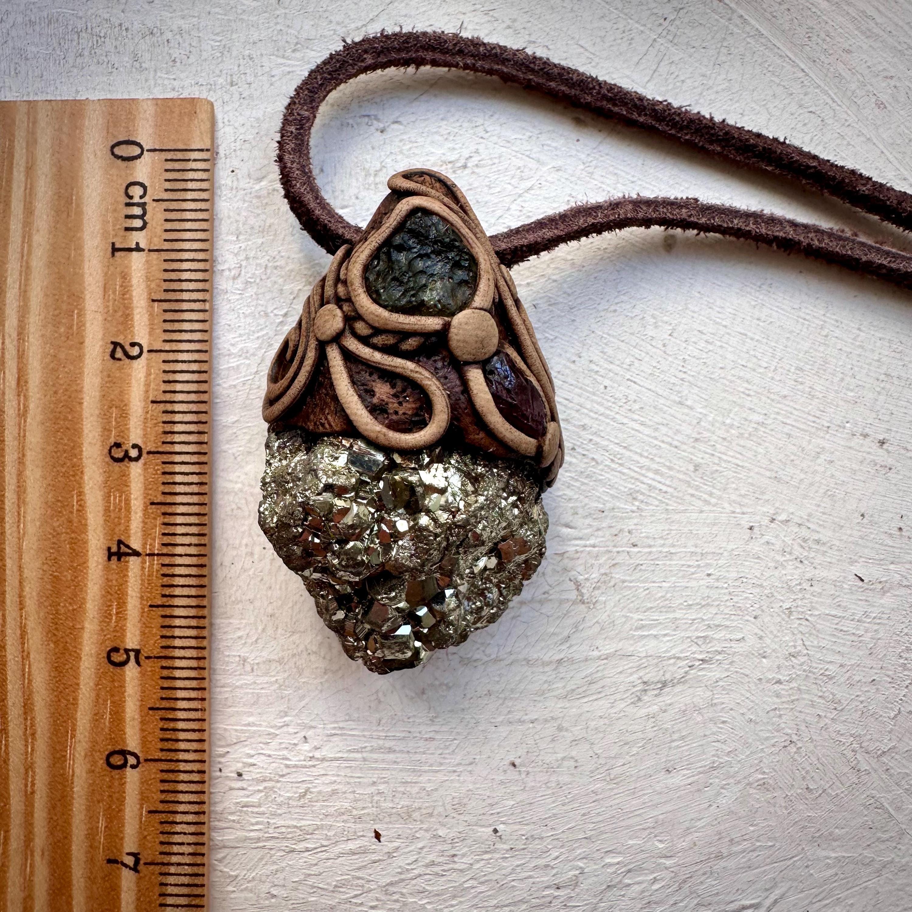 Pyrite Moldavite and Rhodolite Garnet Necklace - FairyGardenGlow