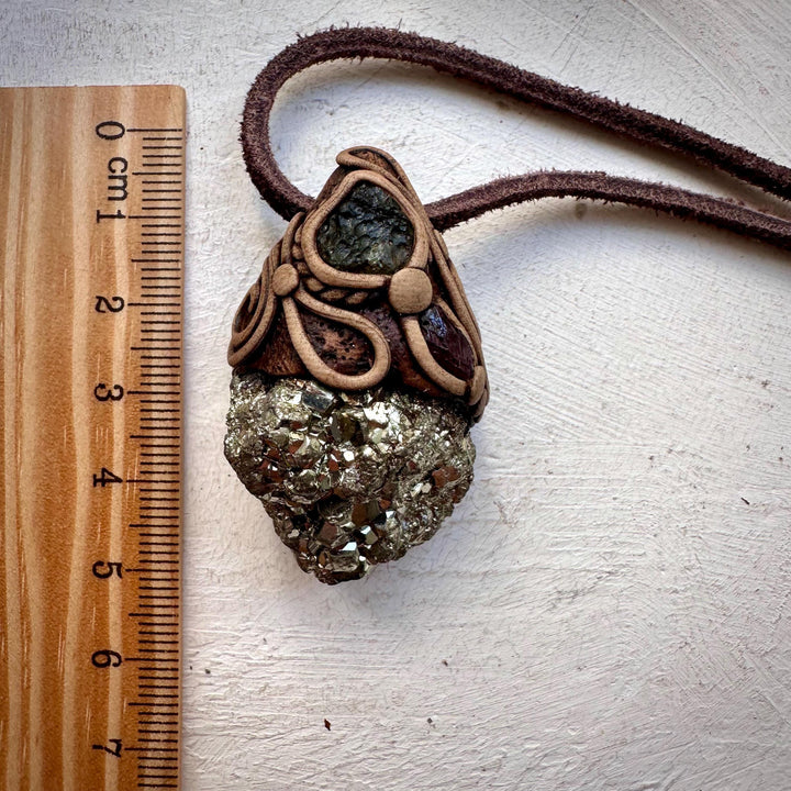 Pyrite Moldavite and Rhodolite Garnet Necklace - FairyGardenGlow