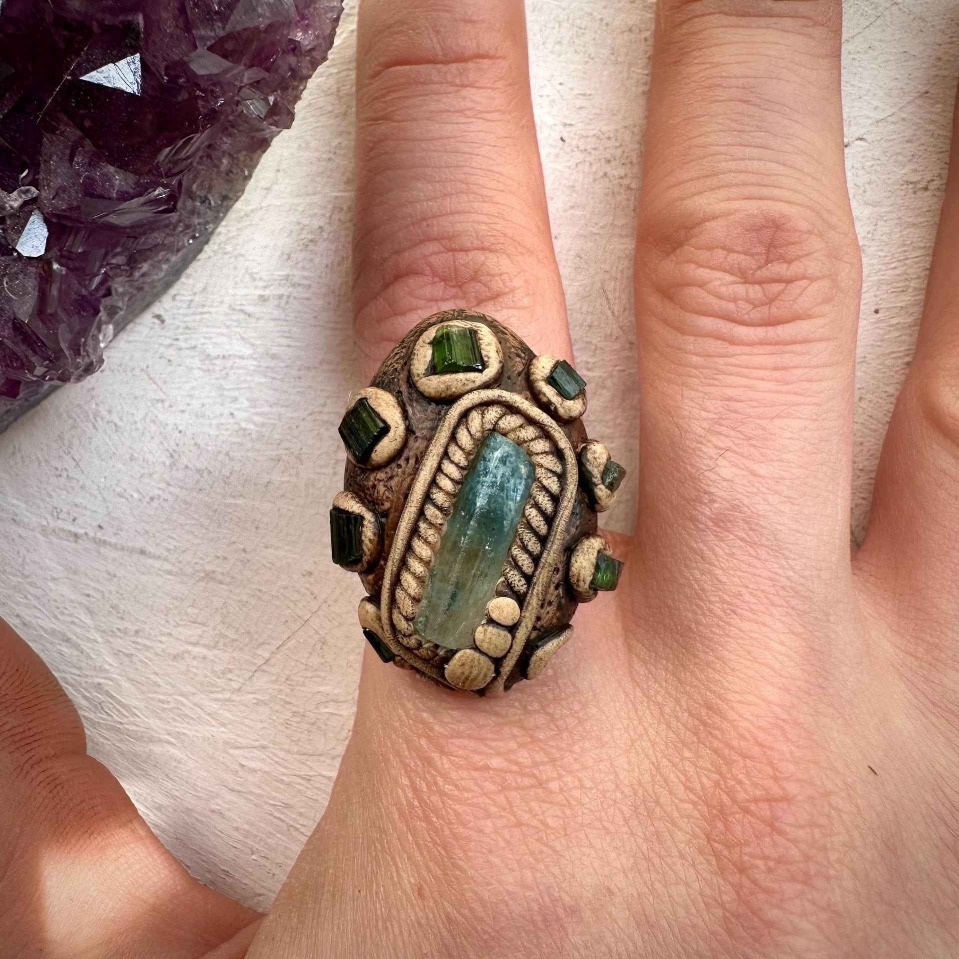 Aquamarine and Green Tourmaline Ring - FairyGardenGlow