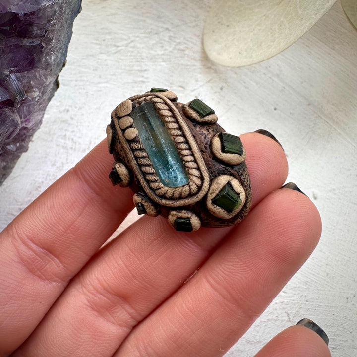 Aquamarine and Green Tourmaline Ring - FairyGardenGlow