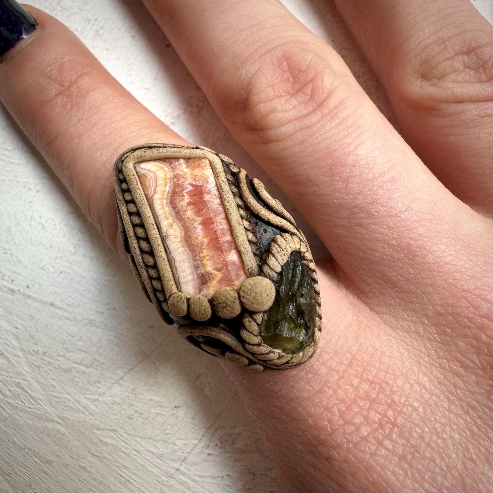 Rhodochrosite and Moldavite Ring - FairyGardenGlow