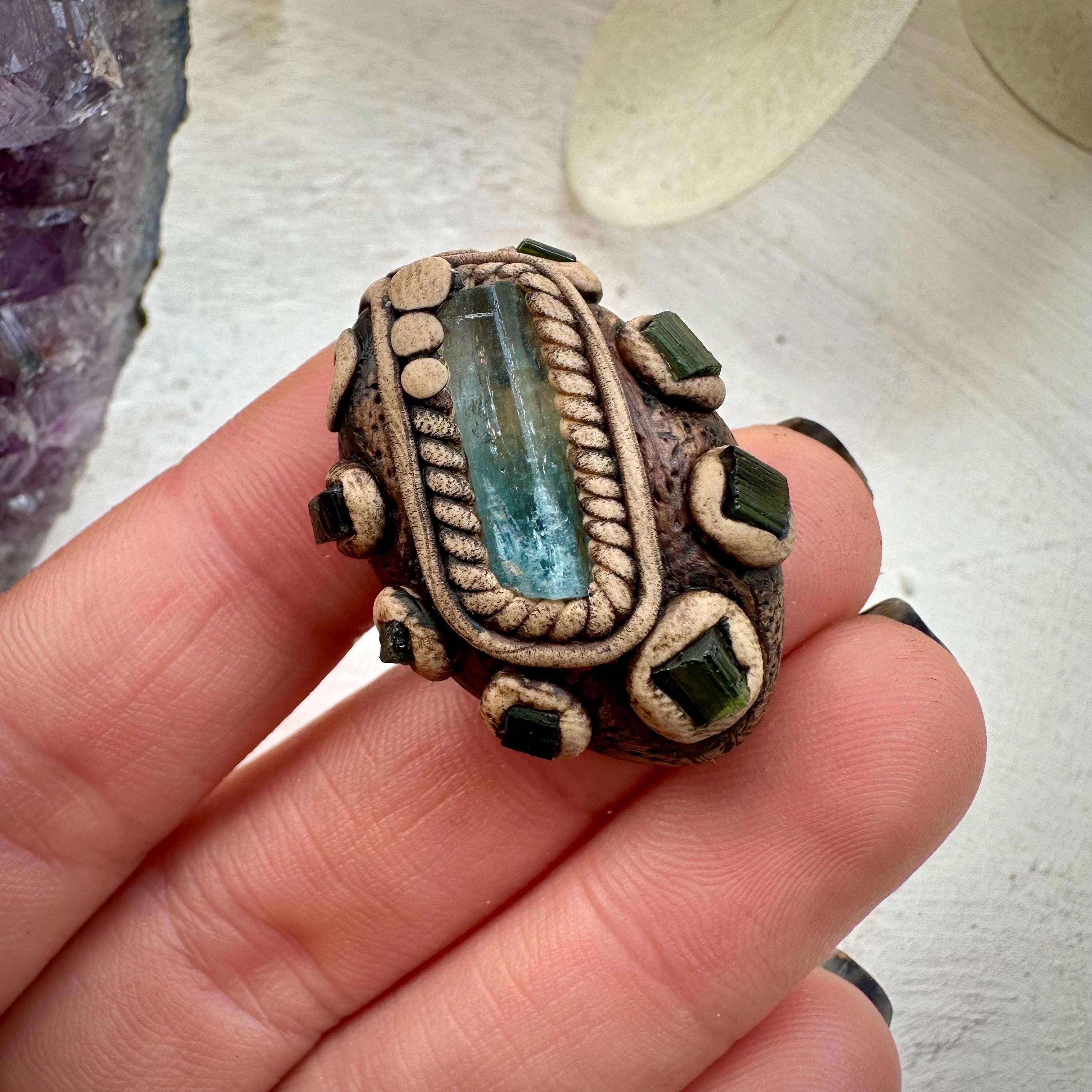 Aquamarine and Green Tourmaline Ring - FairyGardenGlow