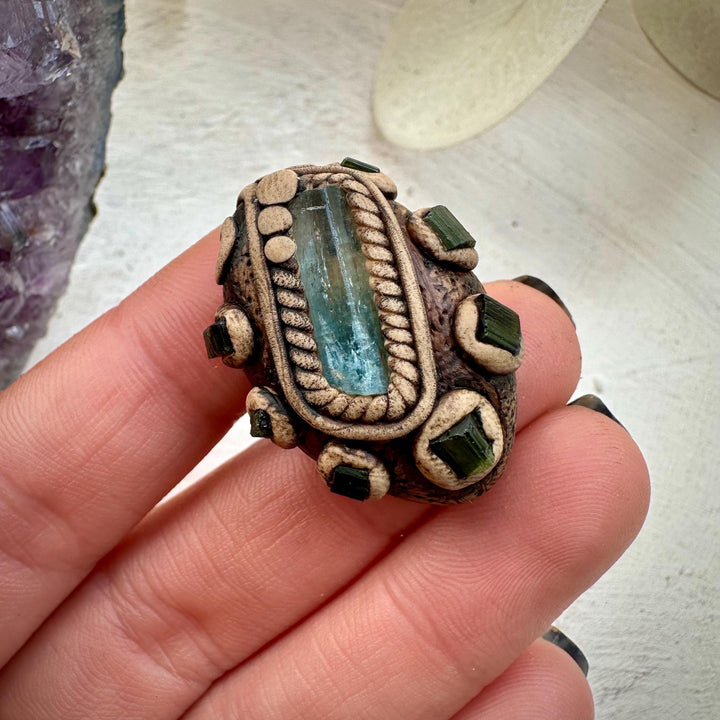 Aquamarine and Green Tourmaline Ring - FairyGardenGlow