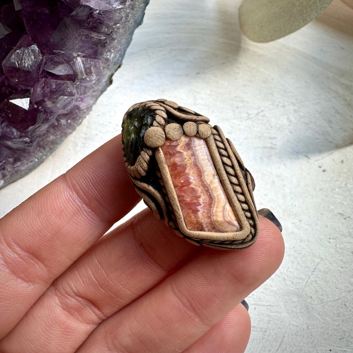 Rhodochrosite and Moldavite Ring - FairyGardenGlow