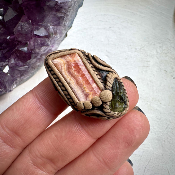 Rhodochrosite and Moldavite Ring - FairyGardenGlow