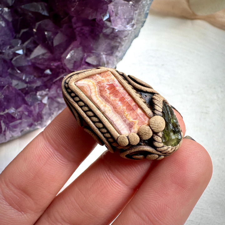 Rhodochrosite and Moldavite Ring - FairyGardenGlow
