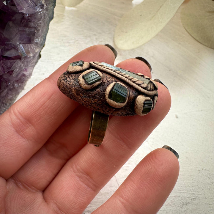 Aquamarine and Green Tourmaline Ring - FairyGardenGlow