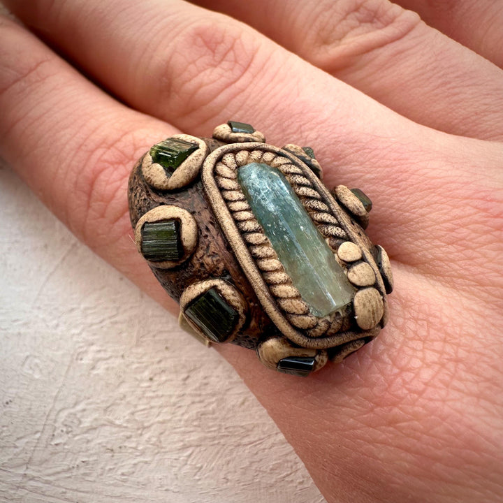 Aquamarine and Green Tourmaline Ring - FairyGardenGlow