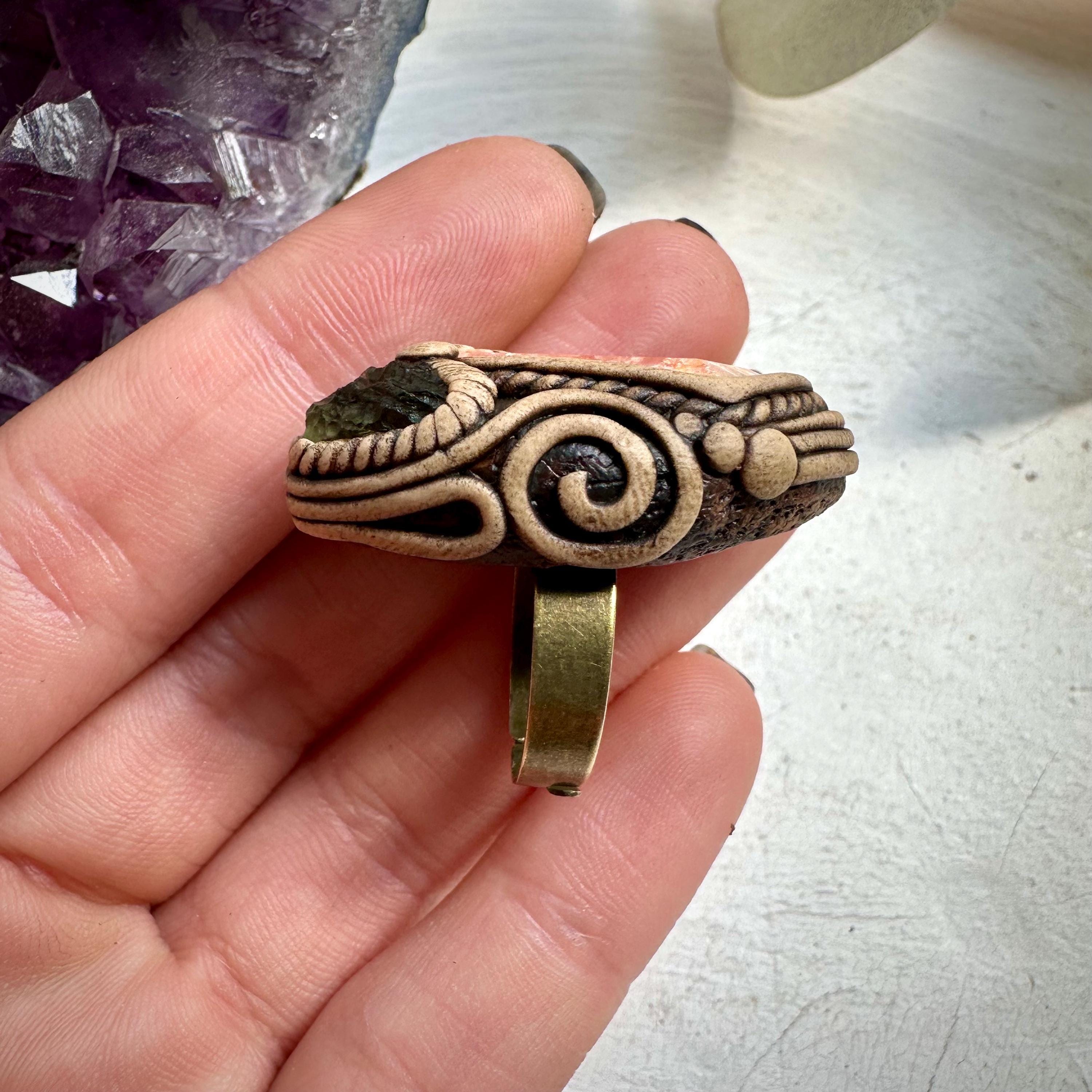 Rhodochrosite and Moldavite Ring - FairyGardenGlow