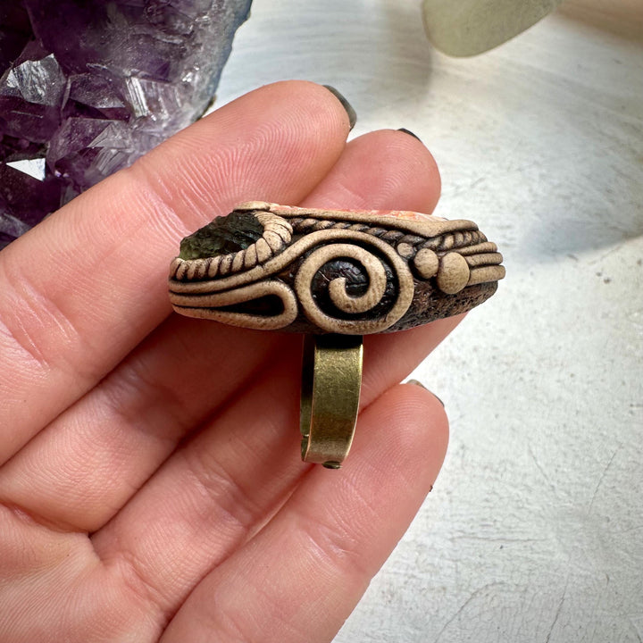 Rhodochrosite and Moldavite Ring - FairyGardenGlow