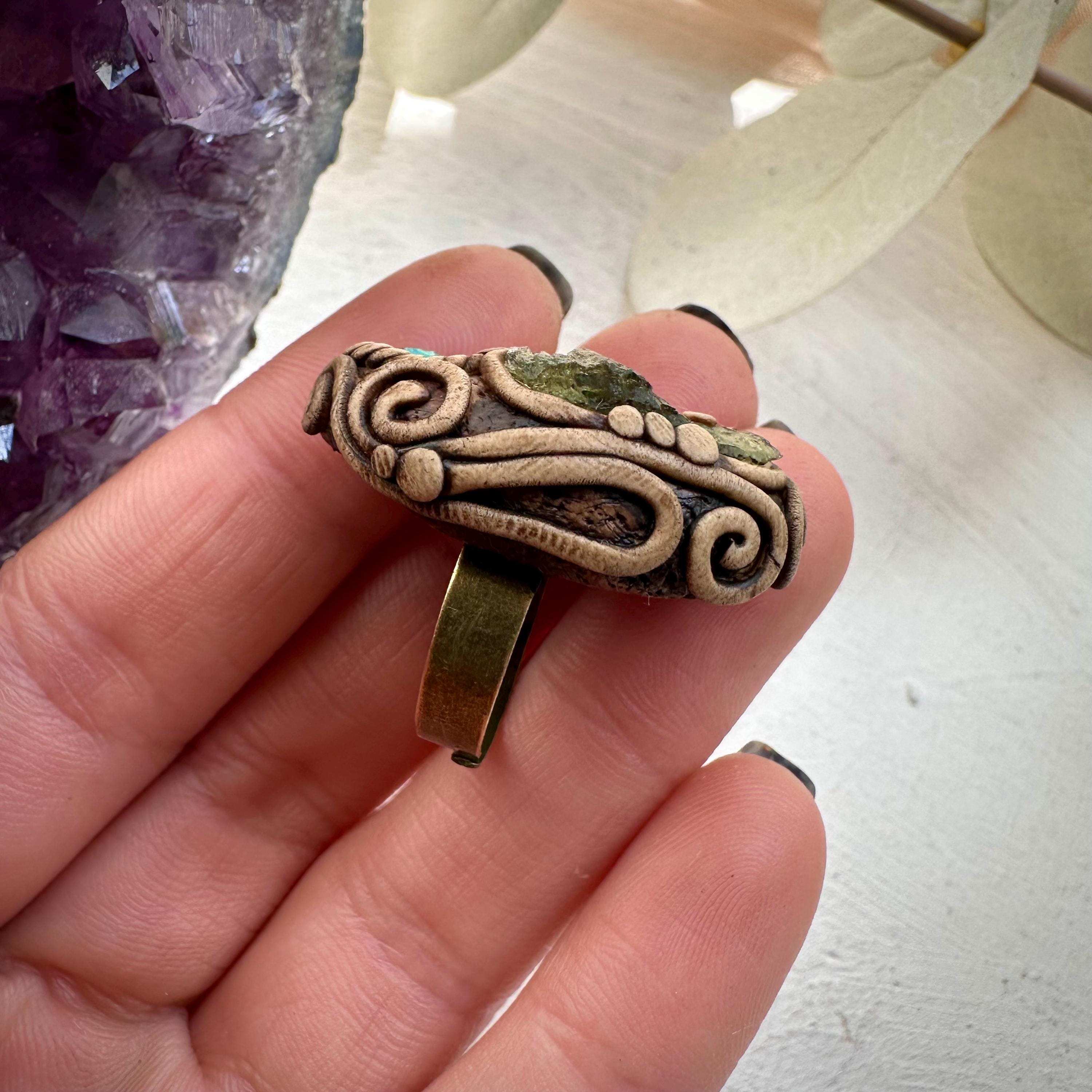 Moldavite Chrysocolla and Rhodolite Garnet Ring - FairyGardenGlow