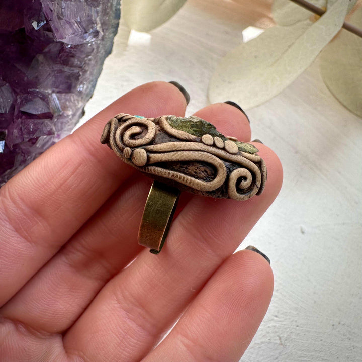 Moldavite Chrysocolla and Rhodolite Garnet Ring - FairyGardenGlow