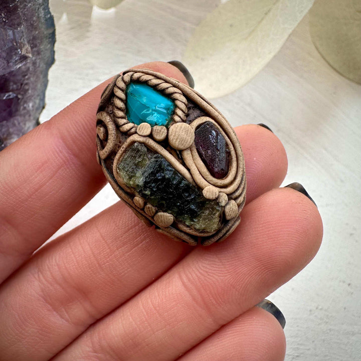 Moldavite Chrysocolla and Rhodolite Garnet Ring - FairyGardenGlow