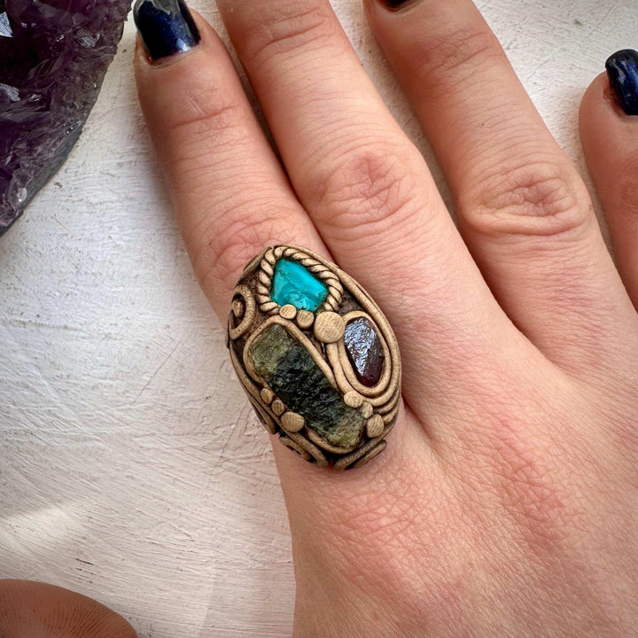Moldavite Chrysocolla and Rhodolite Garnet Ring - FairyGardenGlow