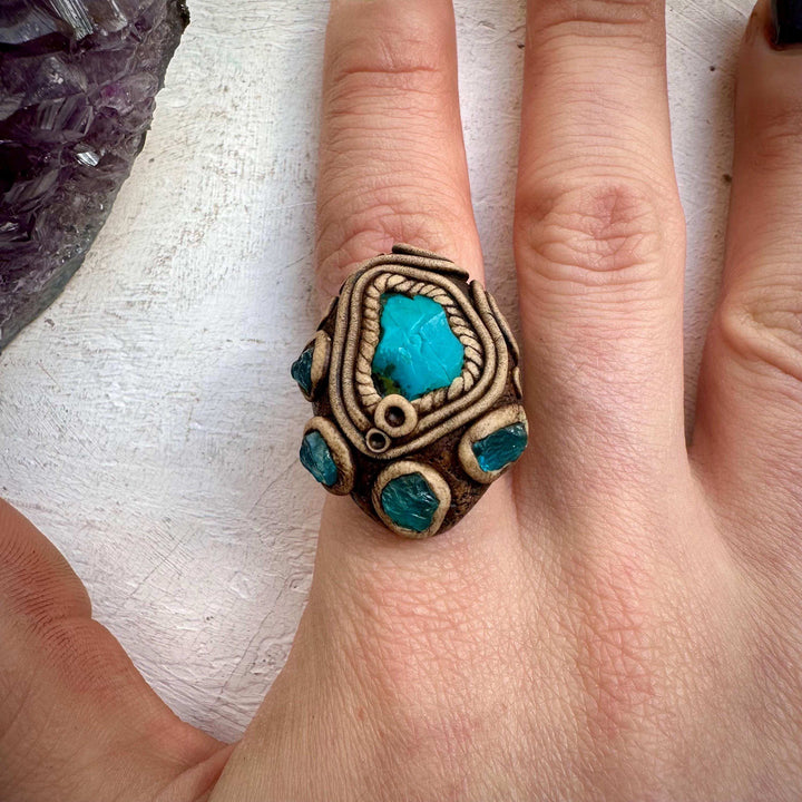 Raw Chrysocolla and Blue Apatite Ring - FairyGardenGlow