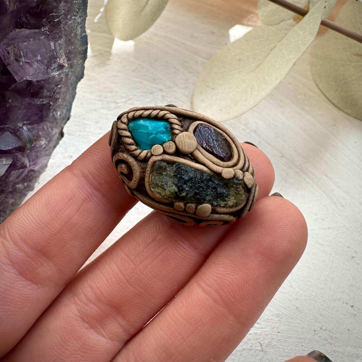 Moldavite Chrysocolla and Rhodolite Garnet Ring - FairyGardenGlow