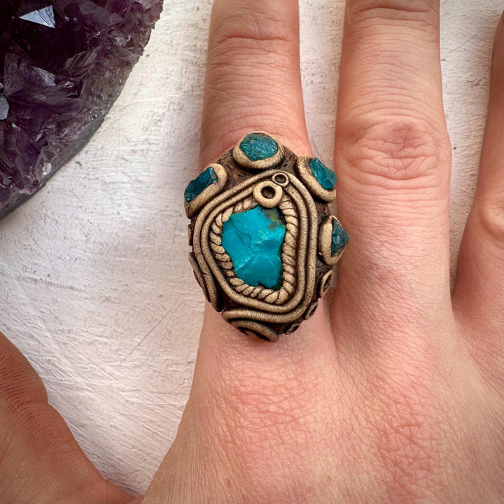 Raw Chrysocolla and Blue Apatite Ring - FairyGardenGlow
