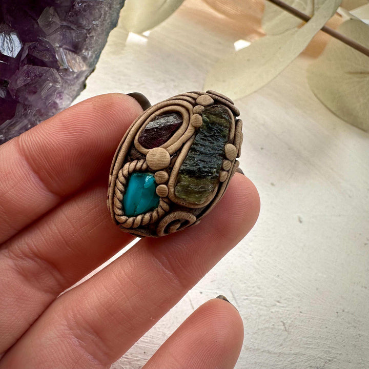 Moldavite Chrysocolla and Rhodolite Garnet Ring - FairyGardenGlow