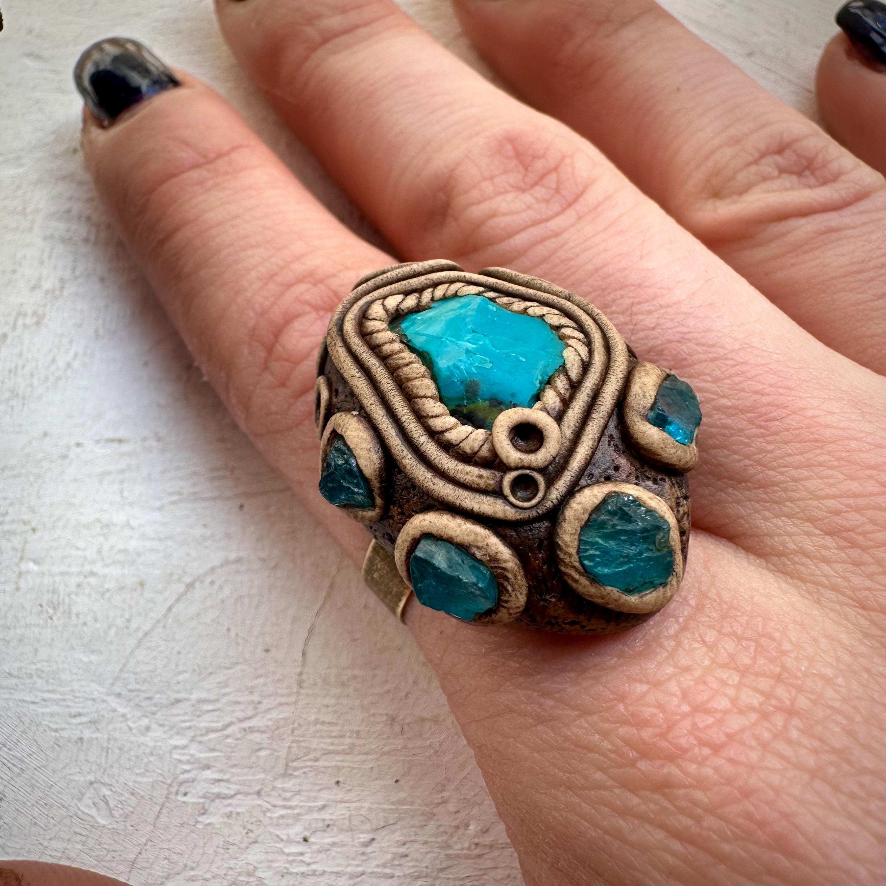 Raw Chrysocolla and Blue Apatite Ring - FairyGardenGlow