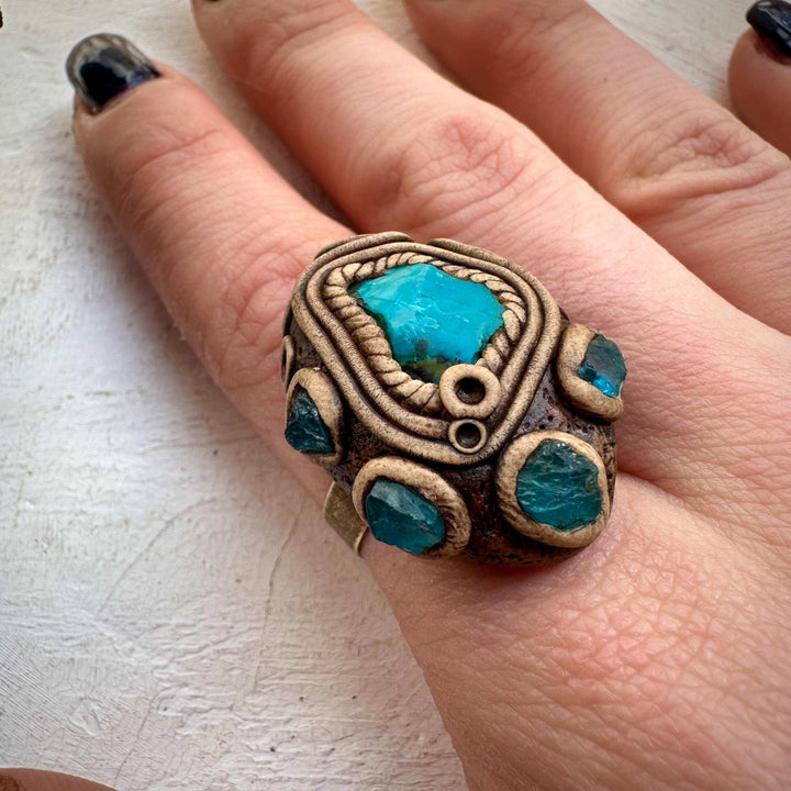 Raw Chrysocolla and Blue Apatite Ring - FairyGardenGlow