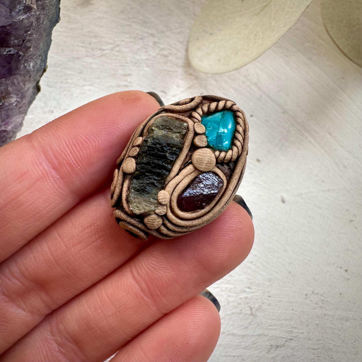 Moldavite Chrysocolla and Rhodolite Garnet Ring - FairyGardenGlow