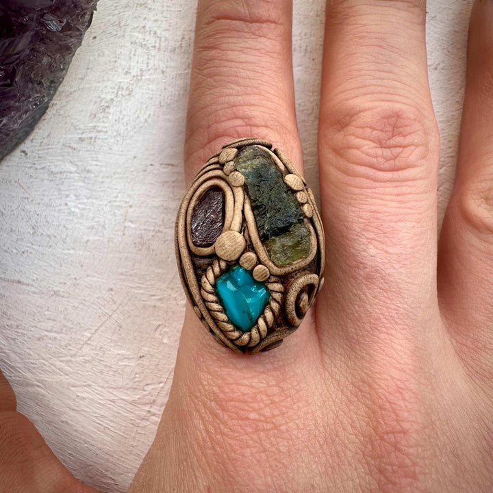 Moldavite Chrysocolla and Rhodolite Garnet Ring - FairyGardenGlow
