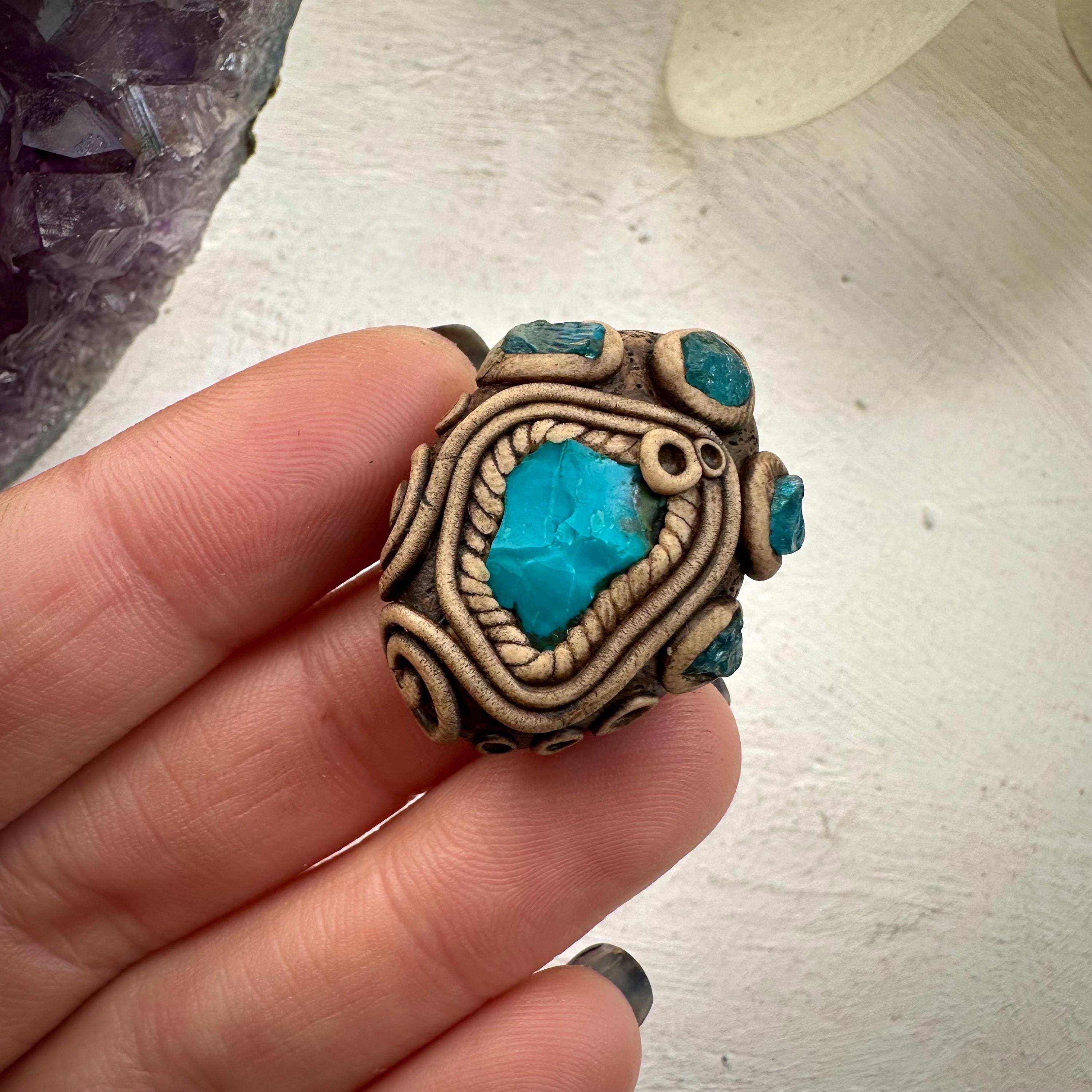 Raw Chrysocolla and Blue Apatite Ring - FairyGardenGlow