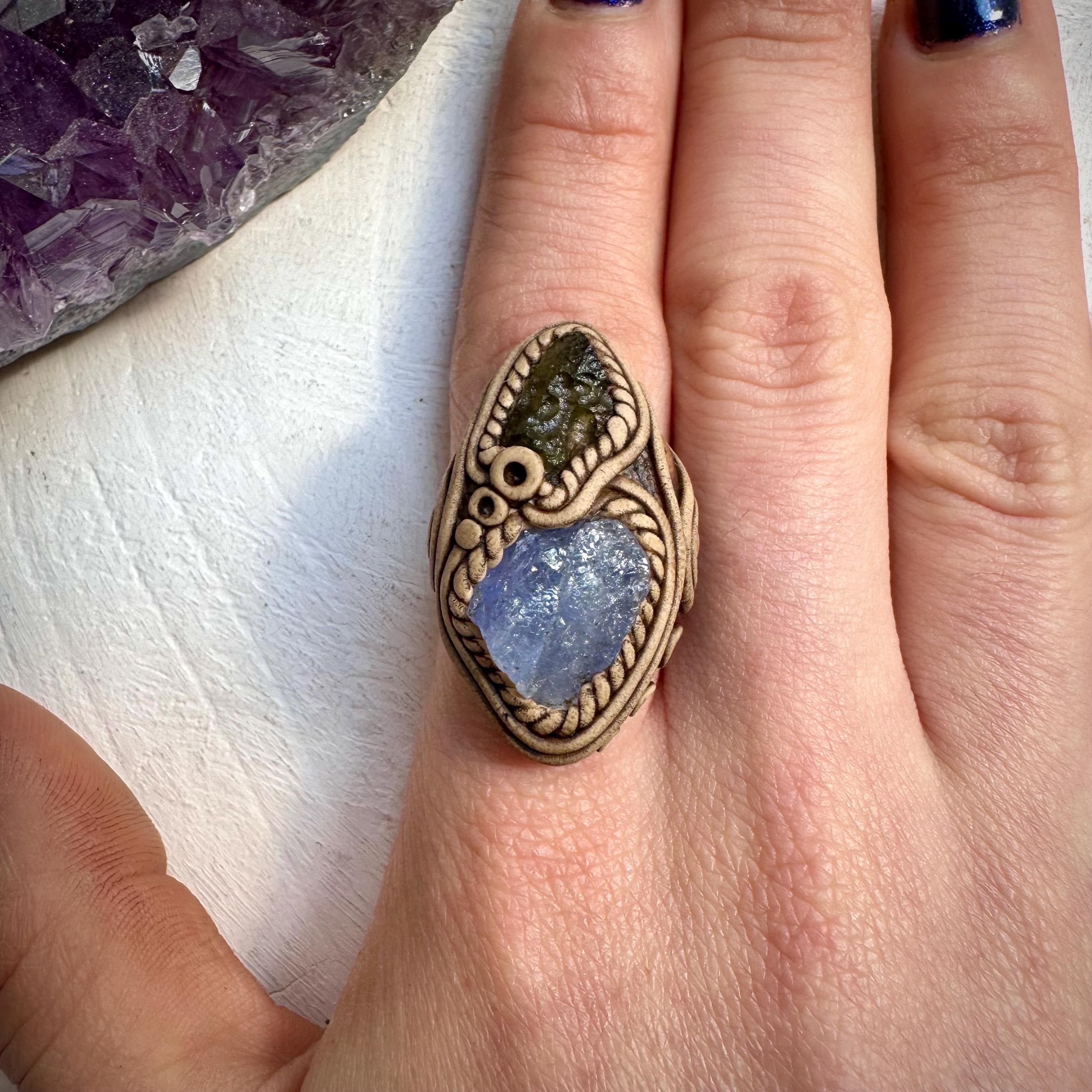 Tanzanite and Raw Moldavite Ring - FairyGardenGlow