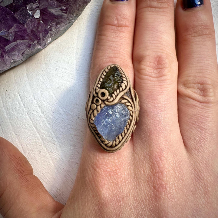 Tanzanite and Raw Moldavite Ring - FairyGardenGlow