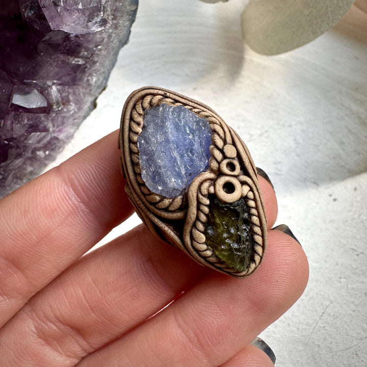 Tanzanite and Raw Moldavite Ring - FairyGardenGlow