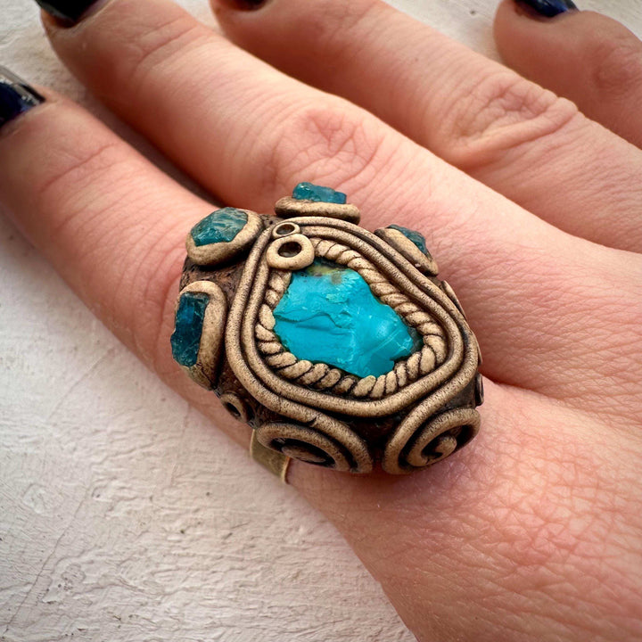 Raw Chrysocolla and Blue Apatite Ring - FairyGardenGlow