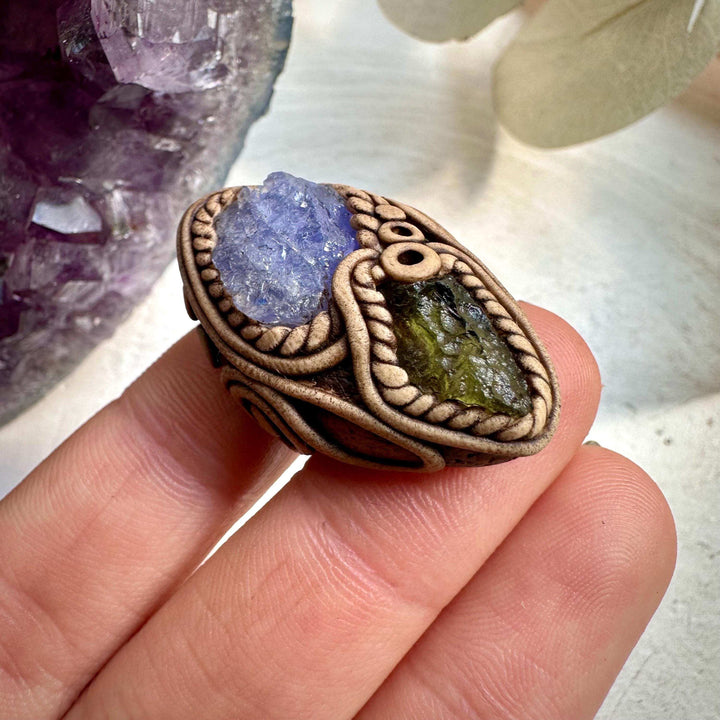 Tanzanite and Raw Moldavite Ring - FairyGardenGlow