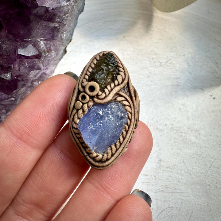 Tanzanite and Raw Moldavite Ring - FairyGardenGlow
