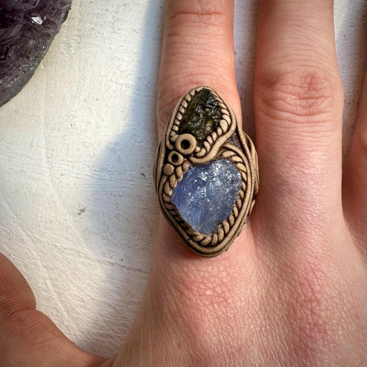 Tanzanite and Raw Moldavite Ring - FairyGardenGlow