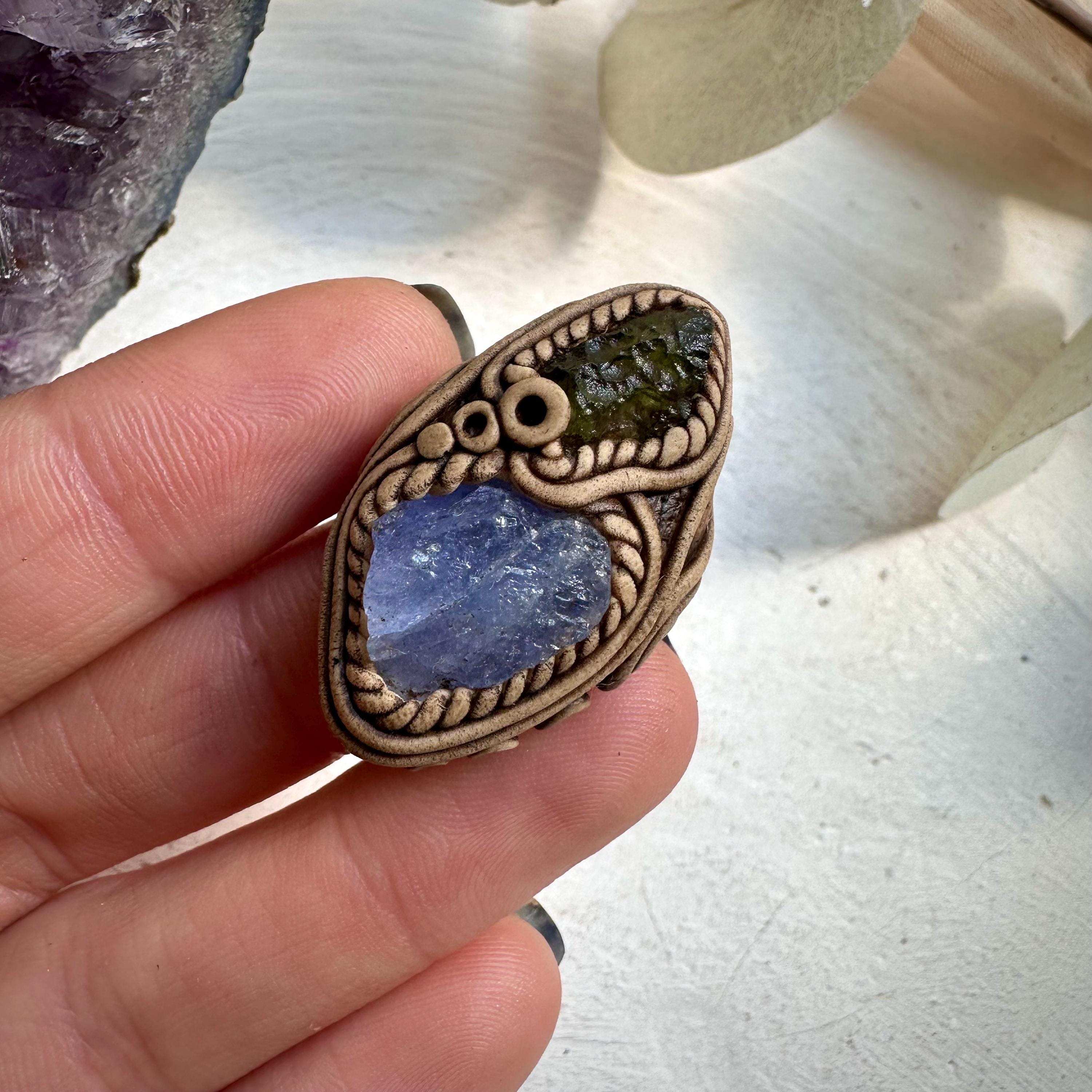 Tanzanite and Raw Moldavite Ring - FairyGardenGlow