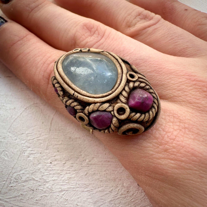 Celestite and Ruby Ring - FairyGardenGlow