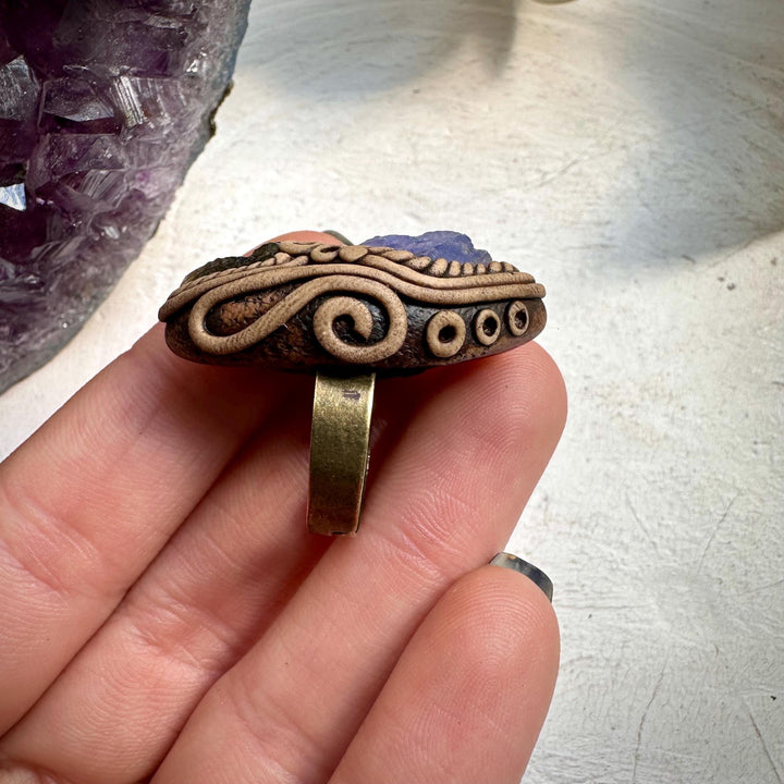 Tanzanite and Raw Moldavite Ring - FairyGardenGlow